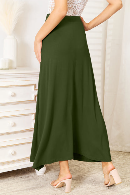 Double Take Full Size Soft Rayon Drawstring Waist Maxi Skirt Back View Dark Green