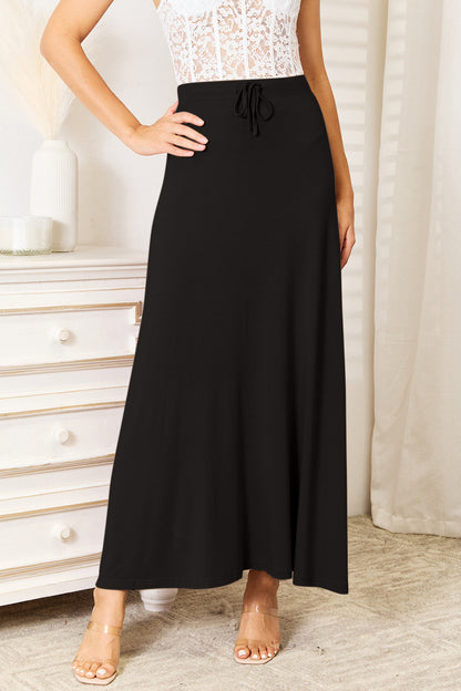 Double Take Full Size Soft Rayon Drawstring Waist Maxi Skirt Front View Black