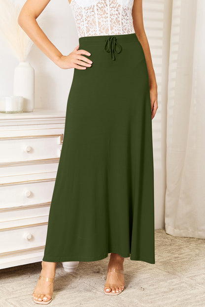 Double Take Full Size Soft Rayon Drawstring Waist Maxi Skirt Front View Dark Green