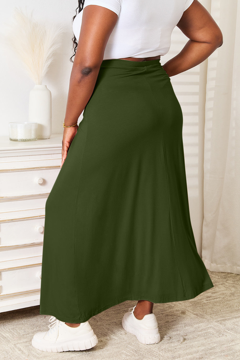 Double Take Full Size Soft Rayon Drawstring Waist Maxi Skirt Plus Size Back View Dark Green