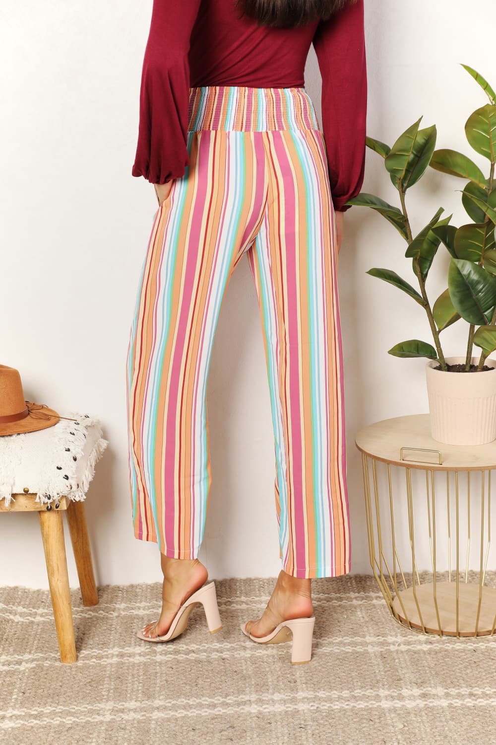 Double Take Striped Smocked Waist Pants with Pockets Back View