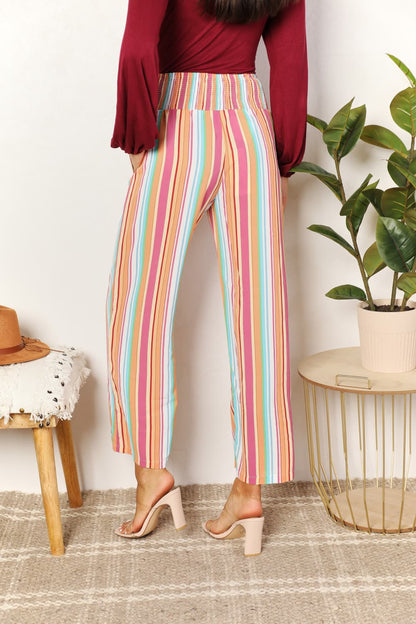 Double Take Striped Smocked Waist Pants with Pockets Back View