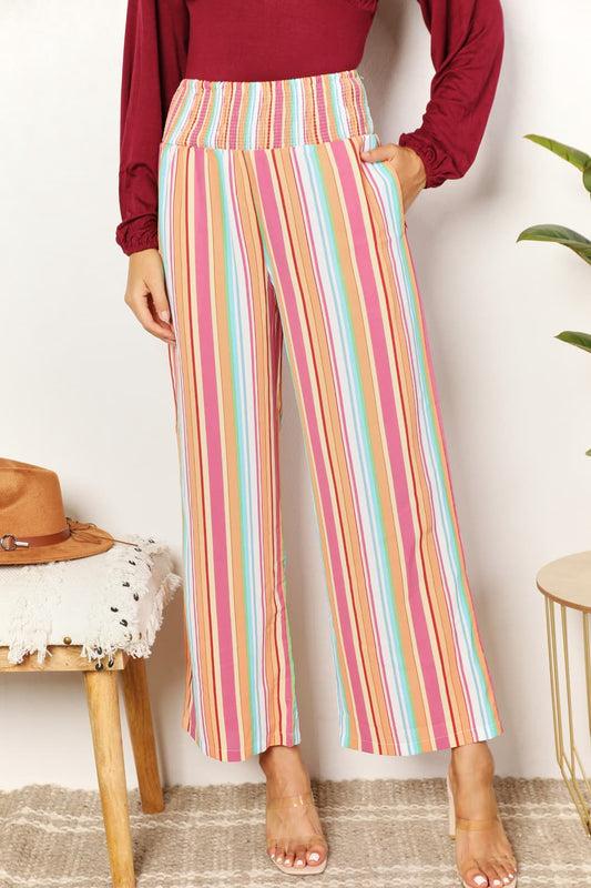 Double Take Striped Smocked Waist Pants with Pockets Front View