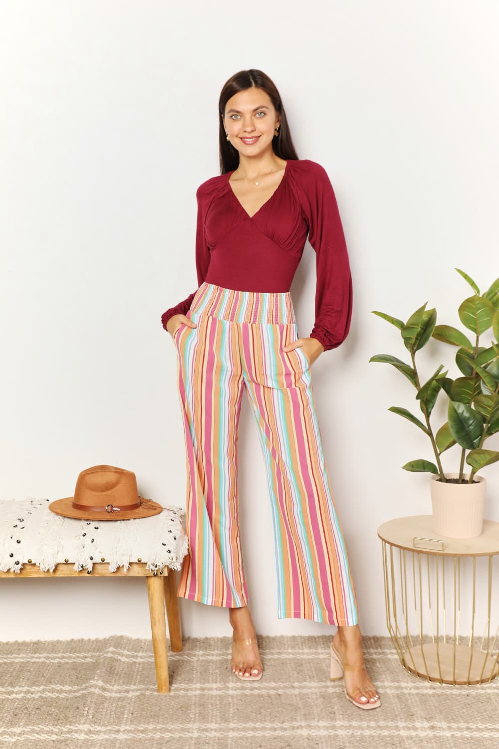 Double Take Striped Smocked Waist Pants with Pockets Full Frontal View