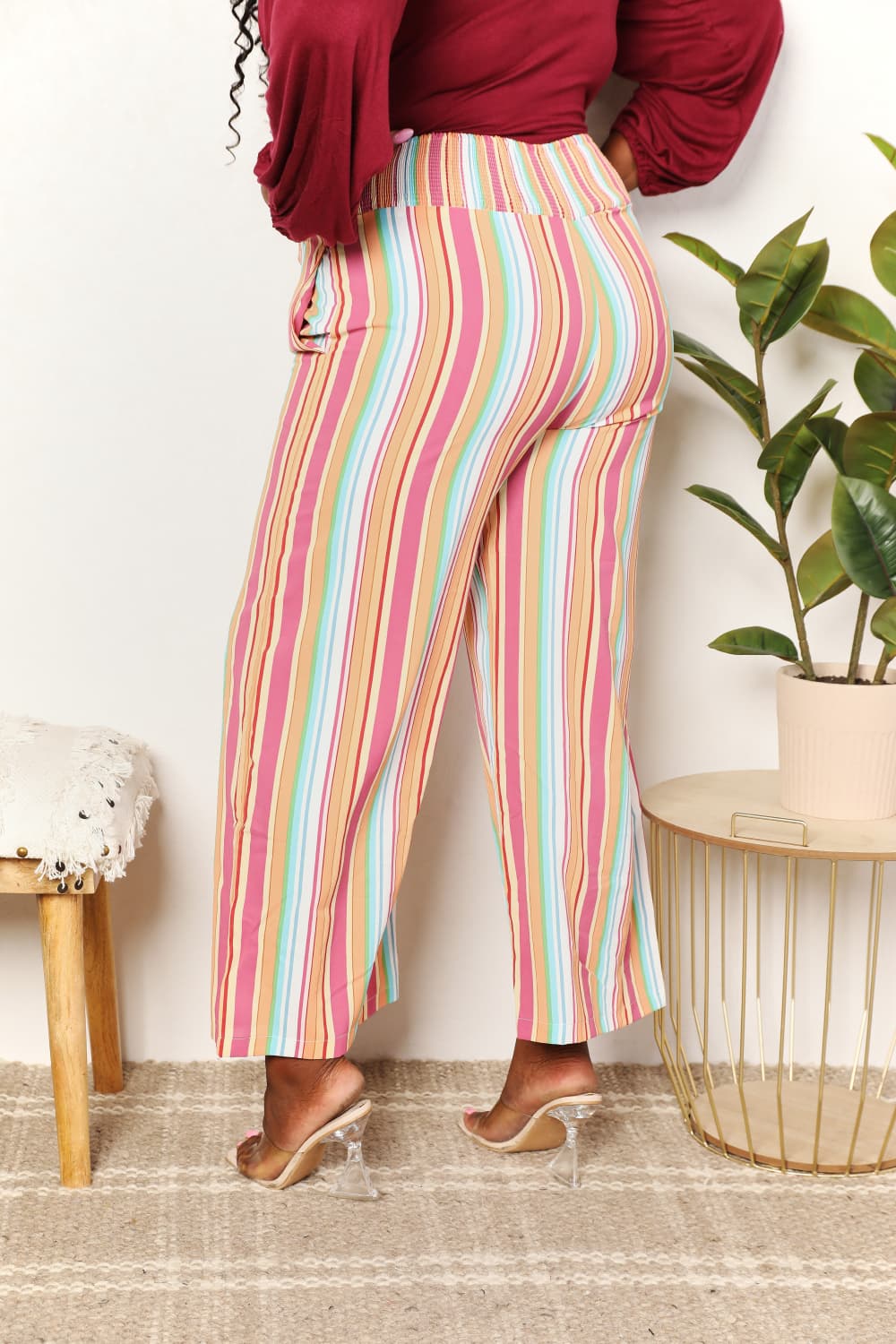 Double Take Striped Smocked Waist Pants with Pockets Plus Size Back View