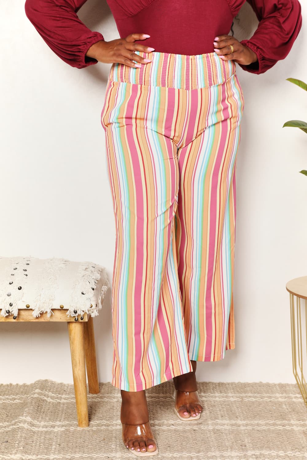 Double Take Striped Smocked Waist Pants with Pockets Plus Size Front View