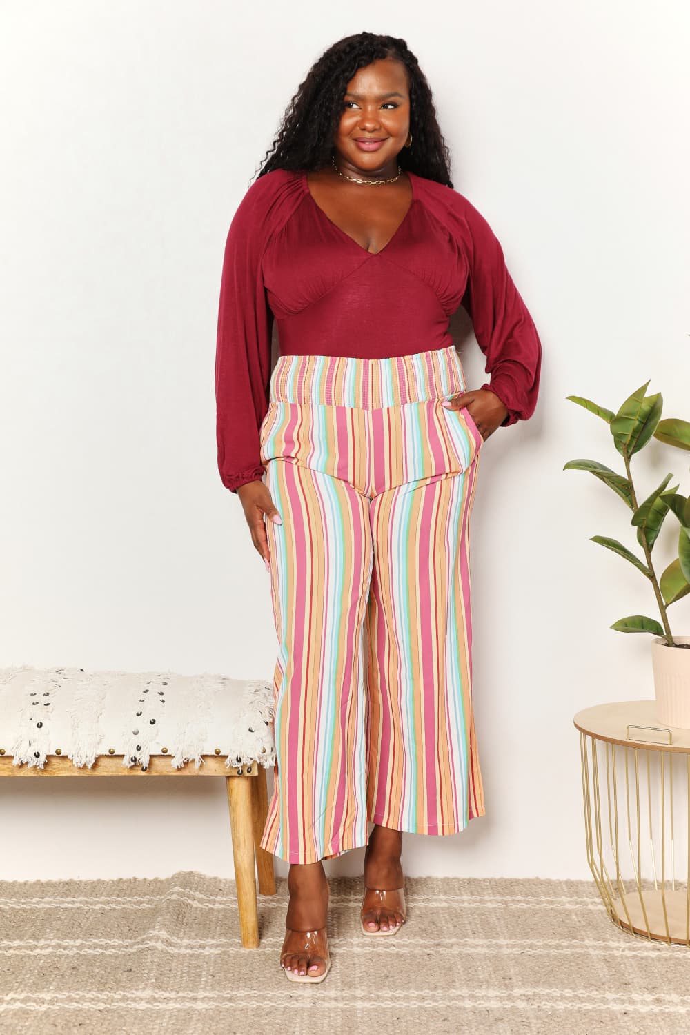 Double Take Striped Smocked Waist Pants with Pockets Plus Size Full Frontal View