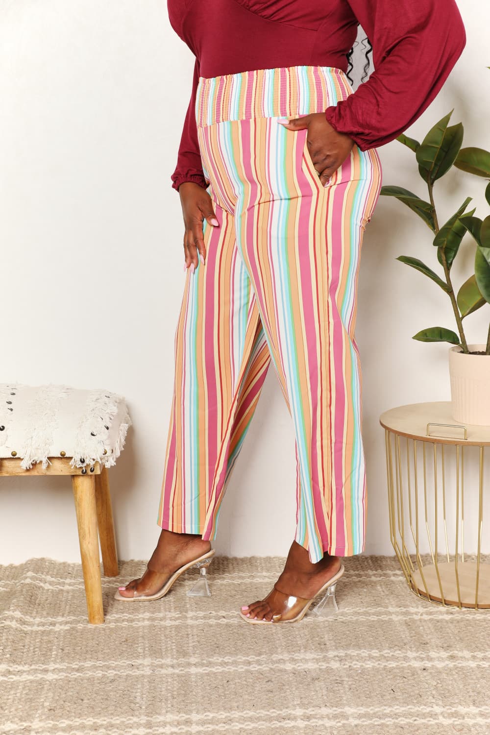 Double Take Striped Smocked Waist Pants with Pockets Plus Size Side View