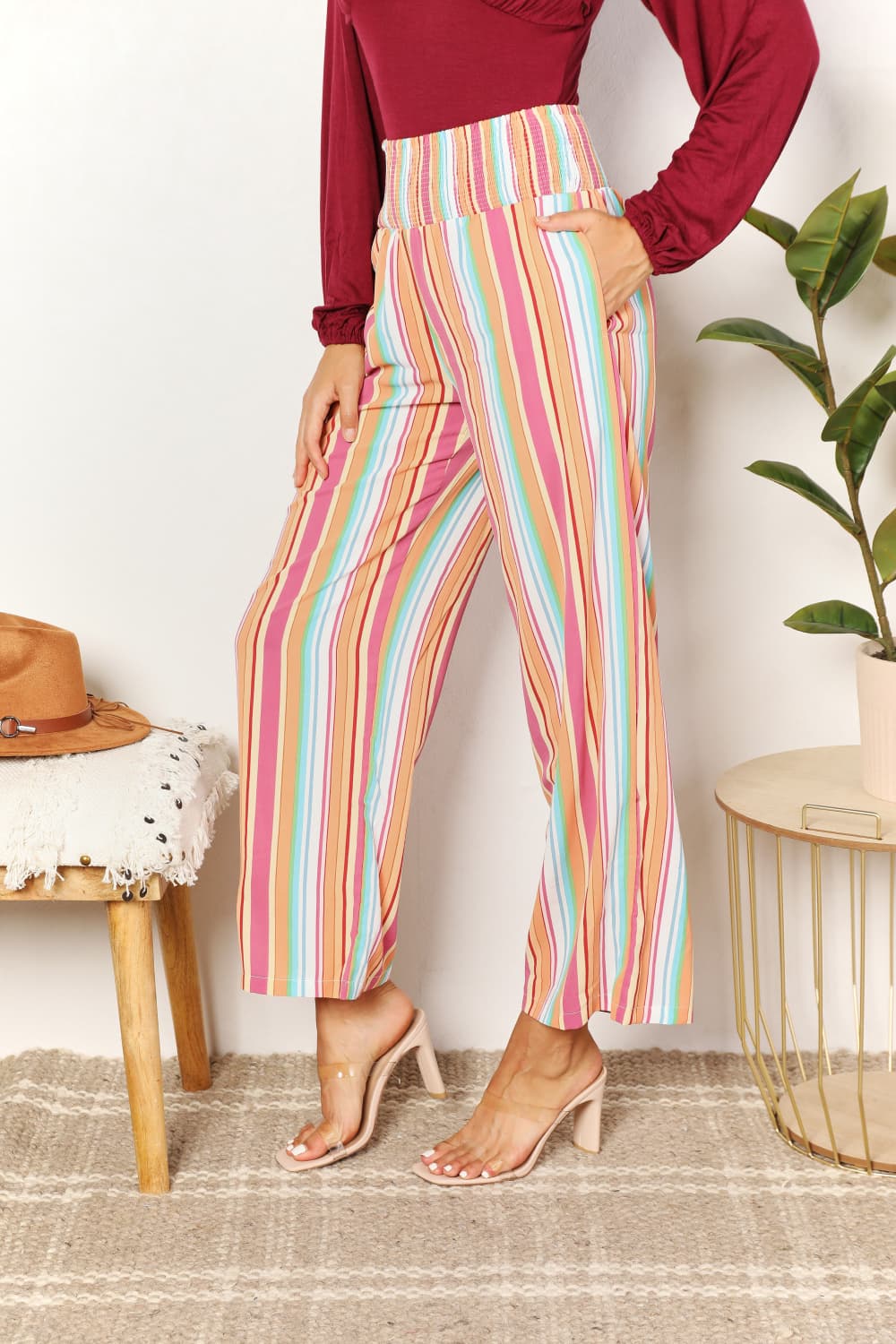 Double Take Striped Smocked Waist Pants with Pockets Side View