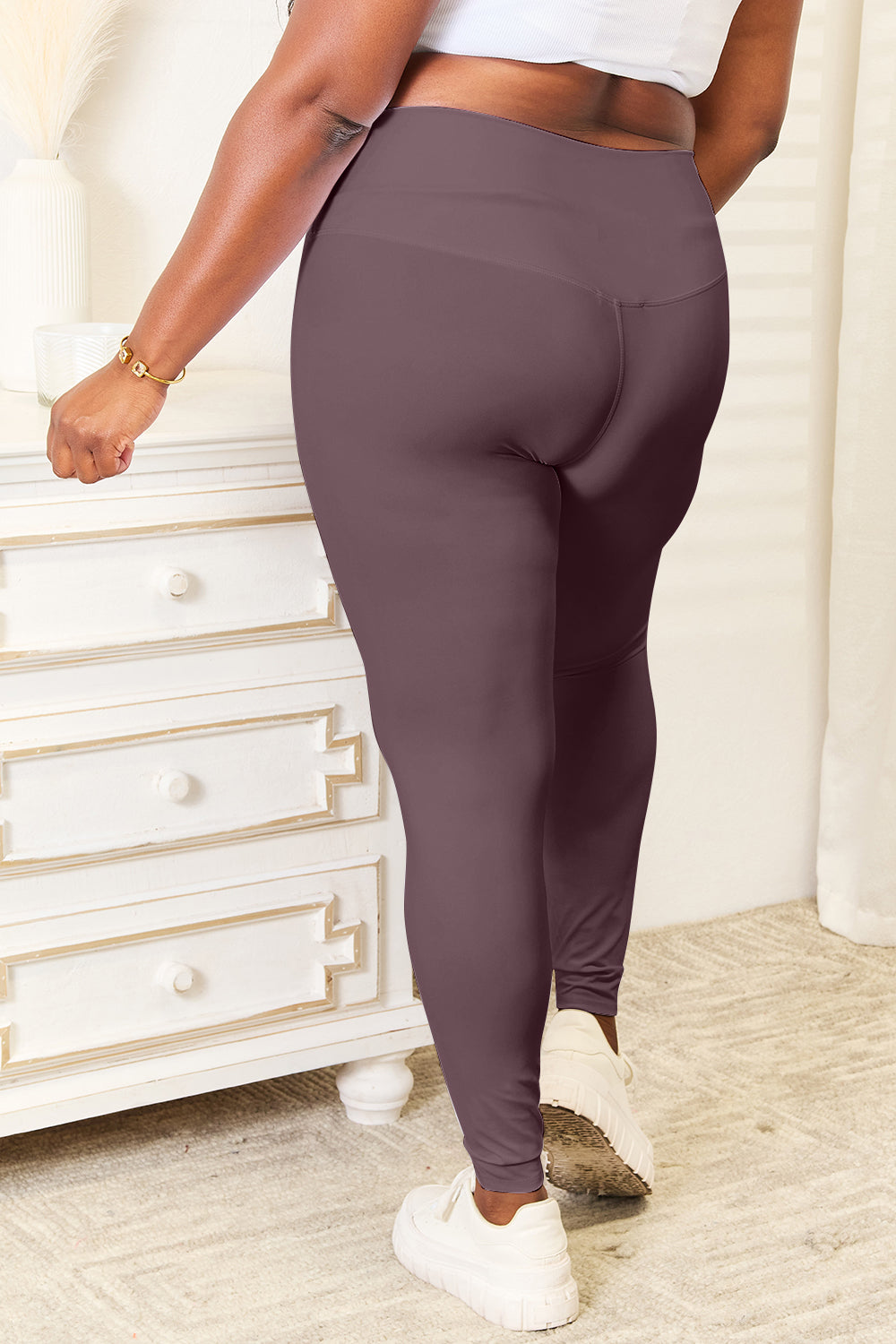Double Take Wide Waistband Sports Leggings Plus Size Back View Charcoal