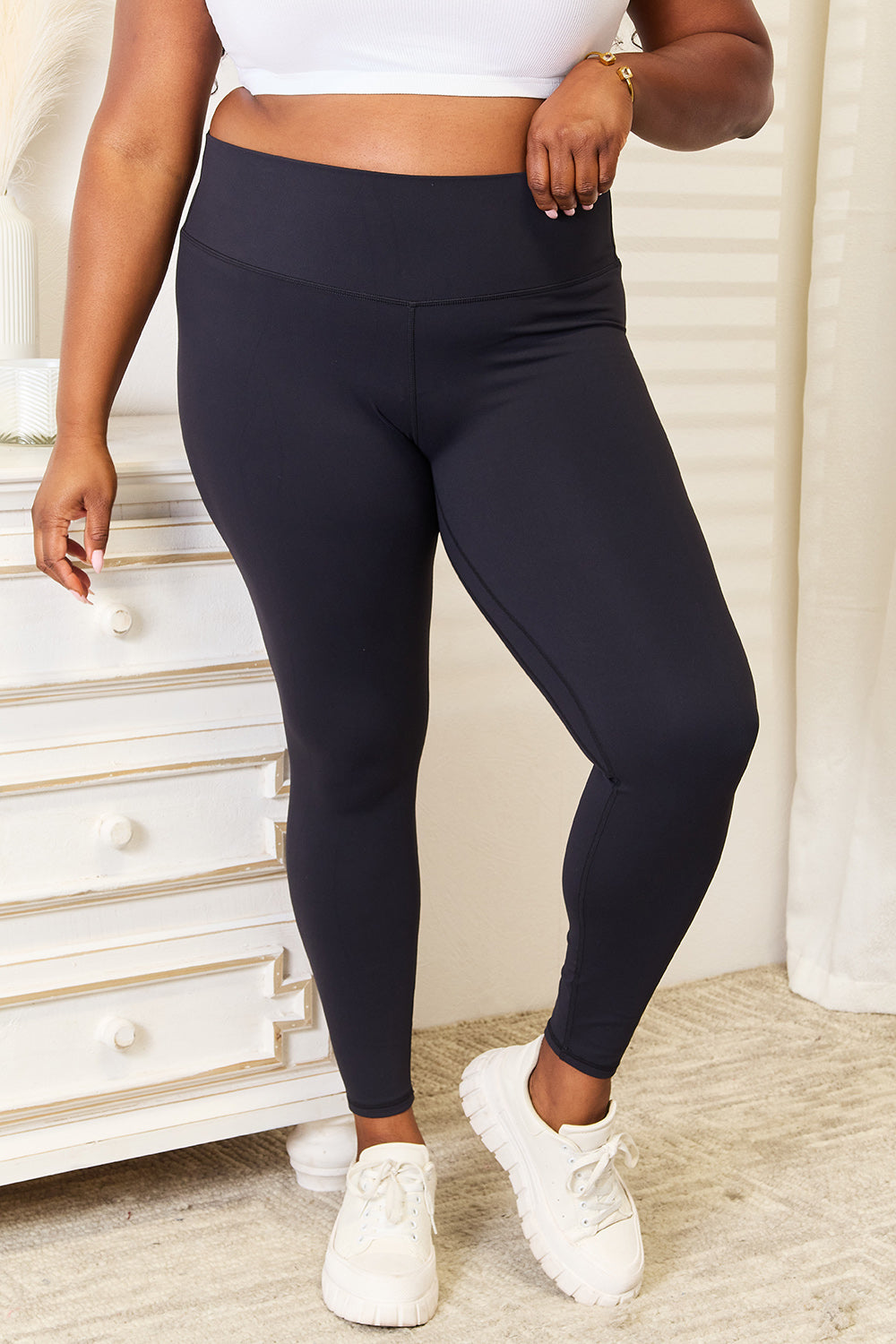 Double Take Wide Waistband Sports Leggings Plus Size Front View Black