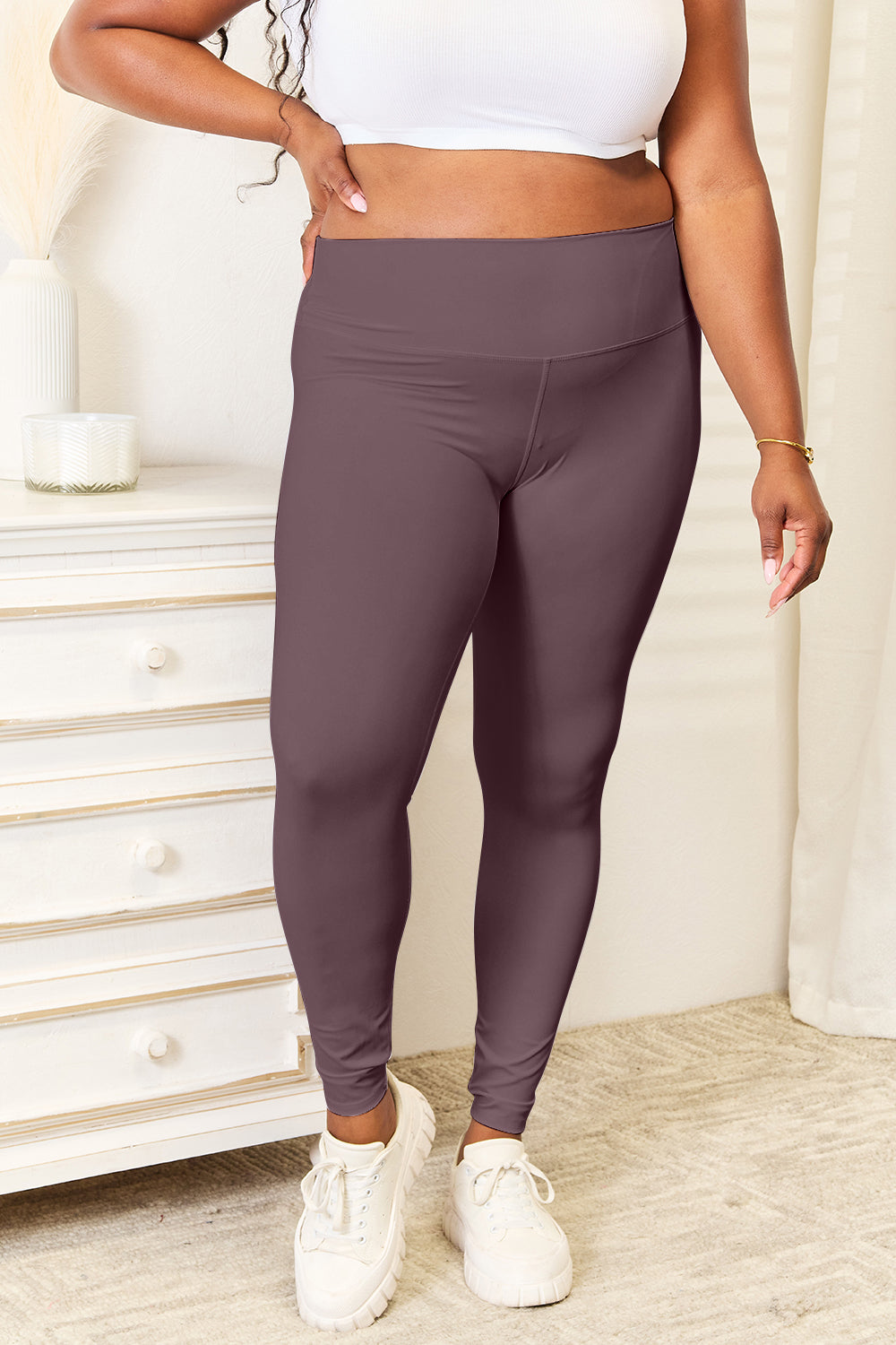 Double Take Wide Waistband Sports Leggings Plus Size Front View Charcoal