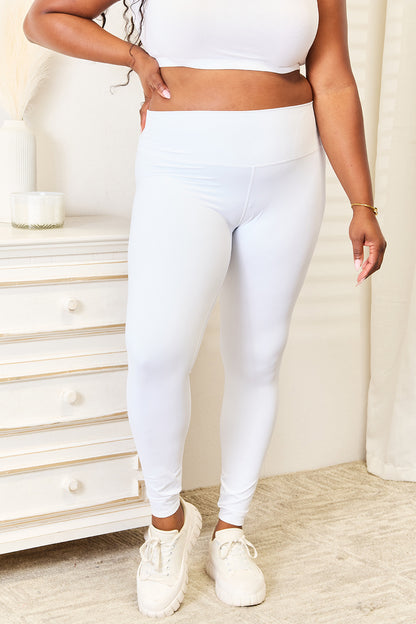 Double Take Wide Waistband Sports Leggings Plus Size Front View White 