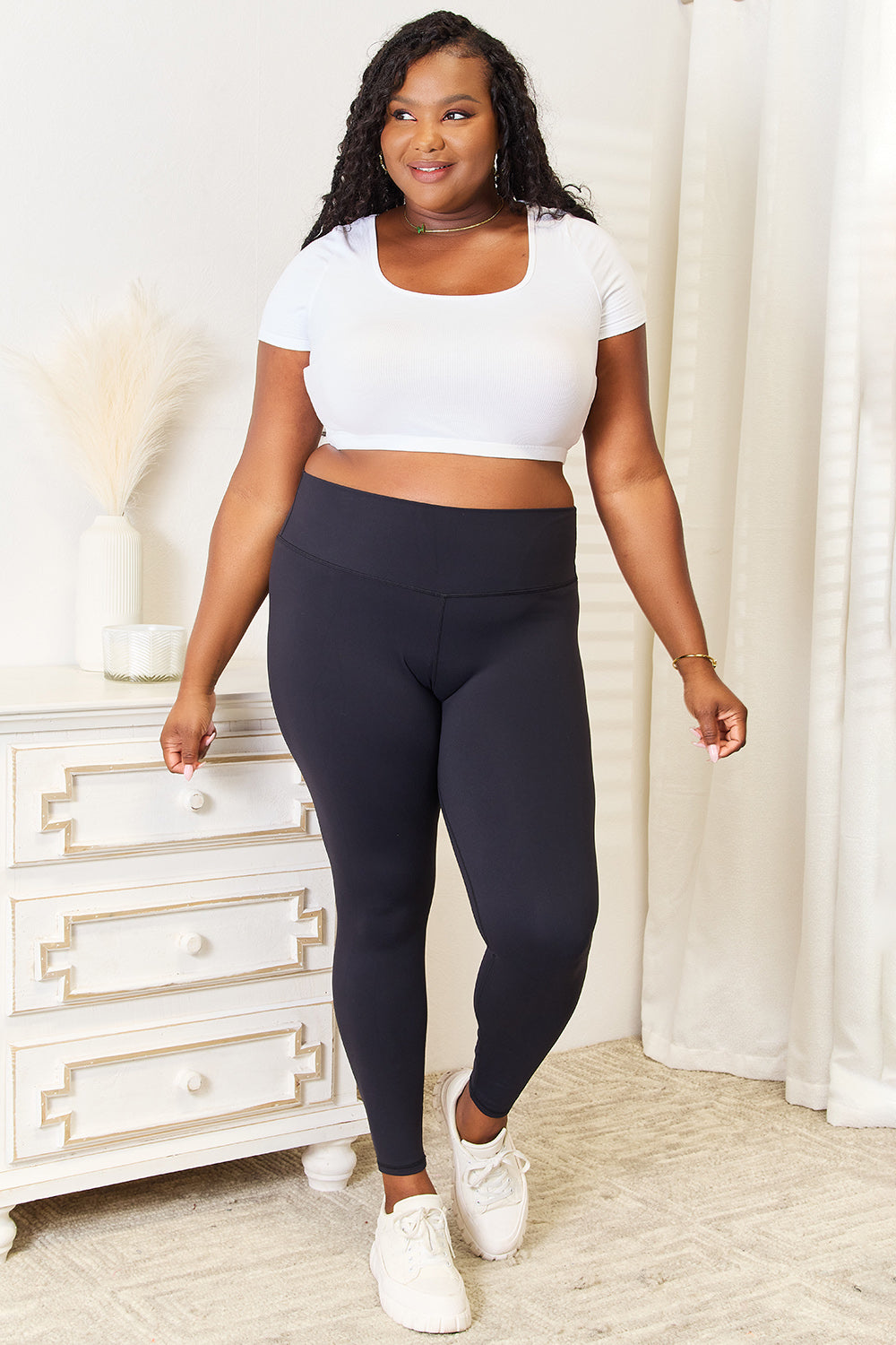 Double Take Wide Waistband Sports Leggings Plus Size Full Frontal View Black