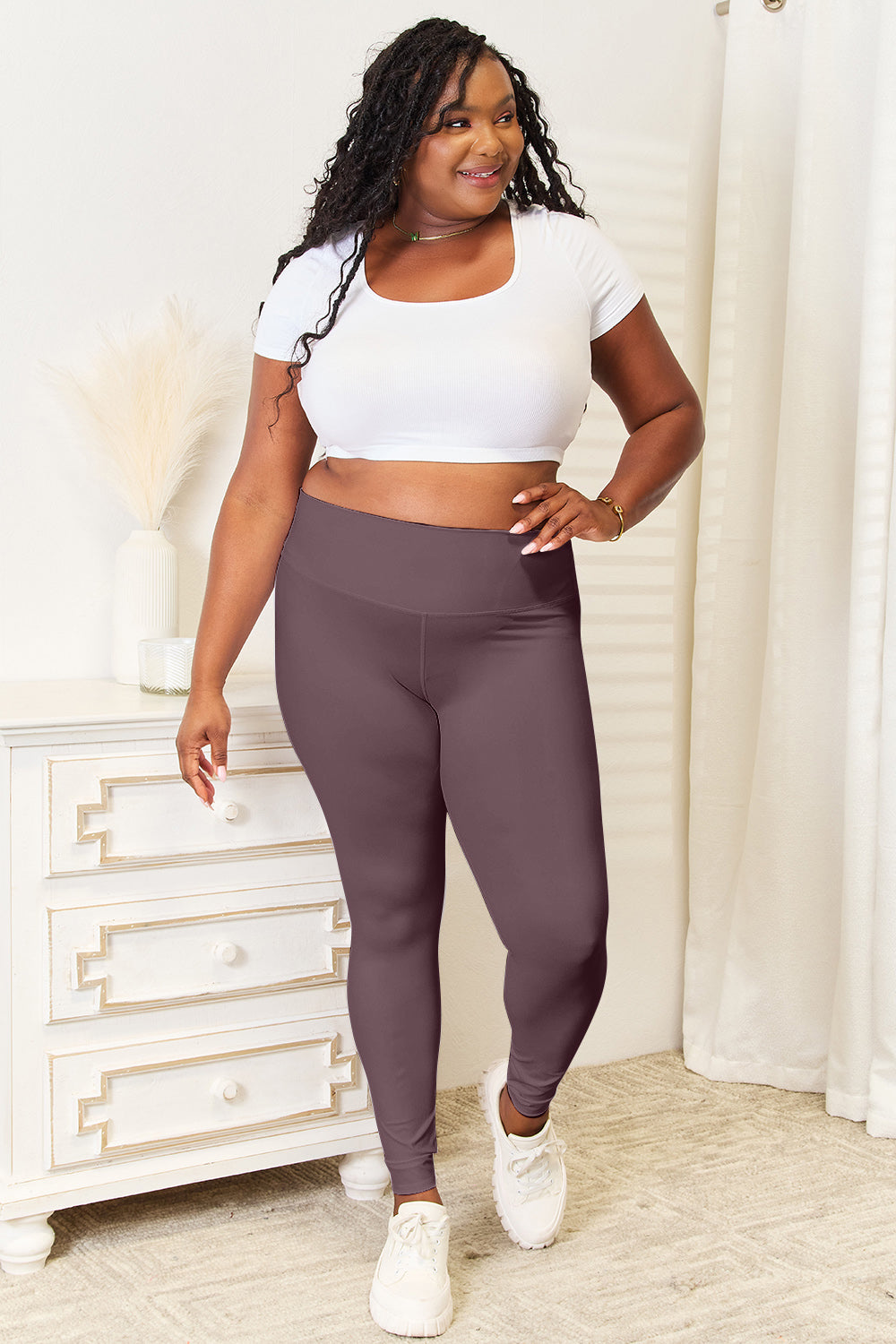 Double Take Wide Waistband Sports Leggings Plus Size Full Frontal View Charcoal