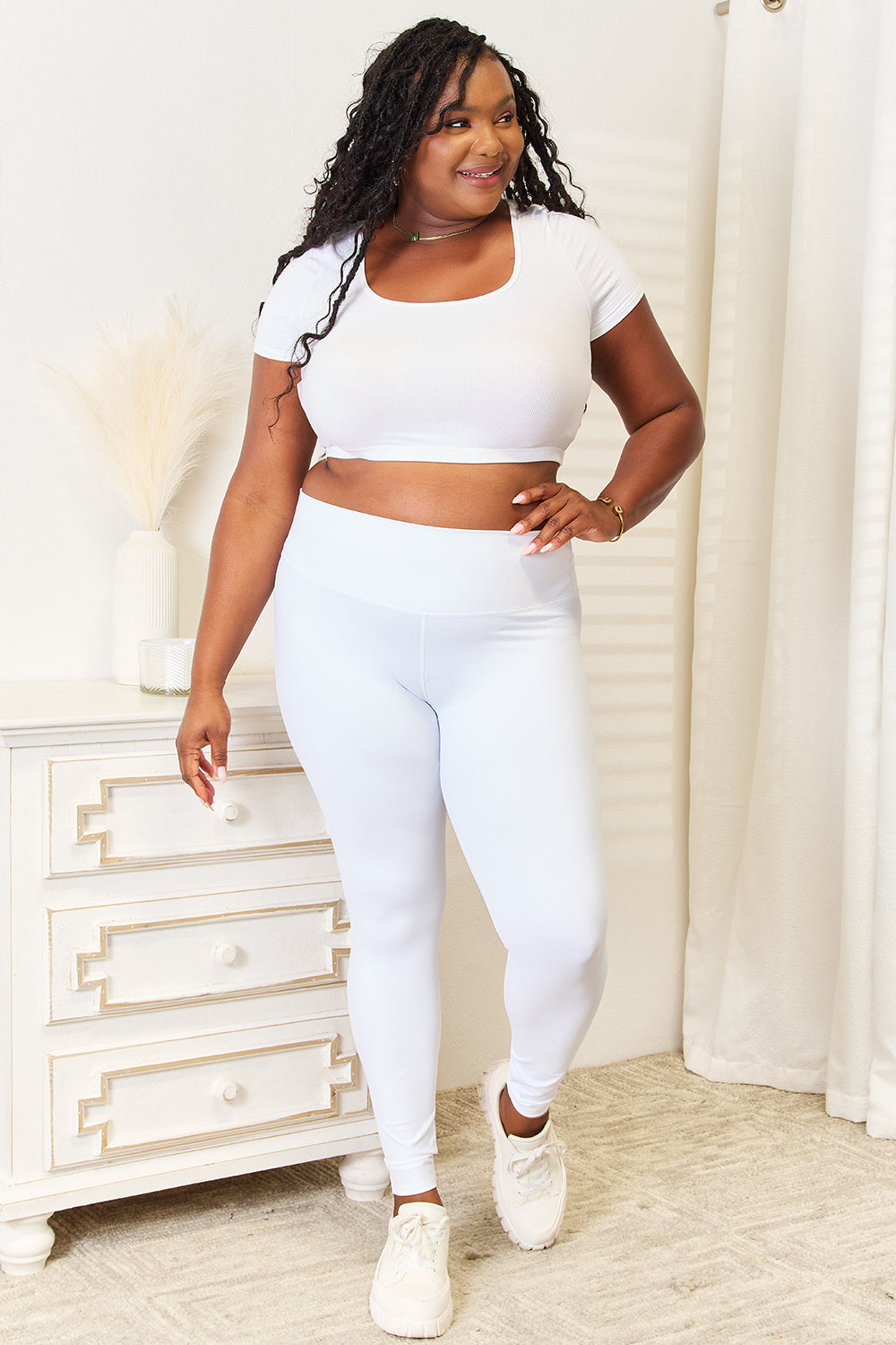 Double Take Wide Waistband Sports Leggings Plus Size Full Frontal View White