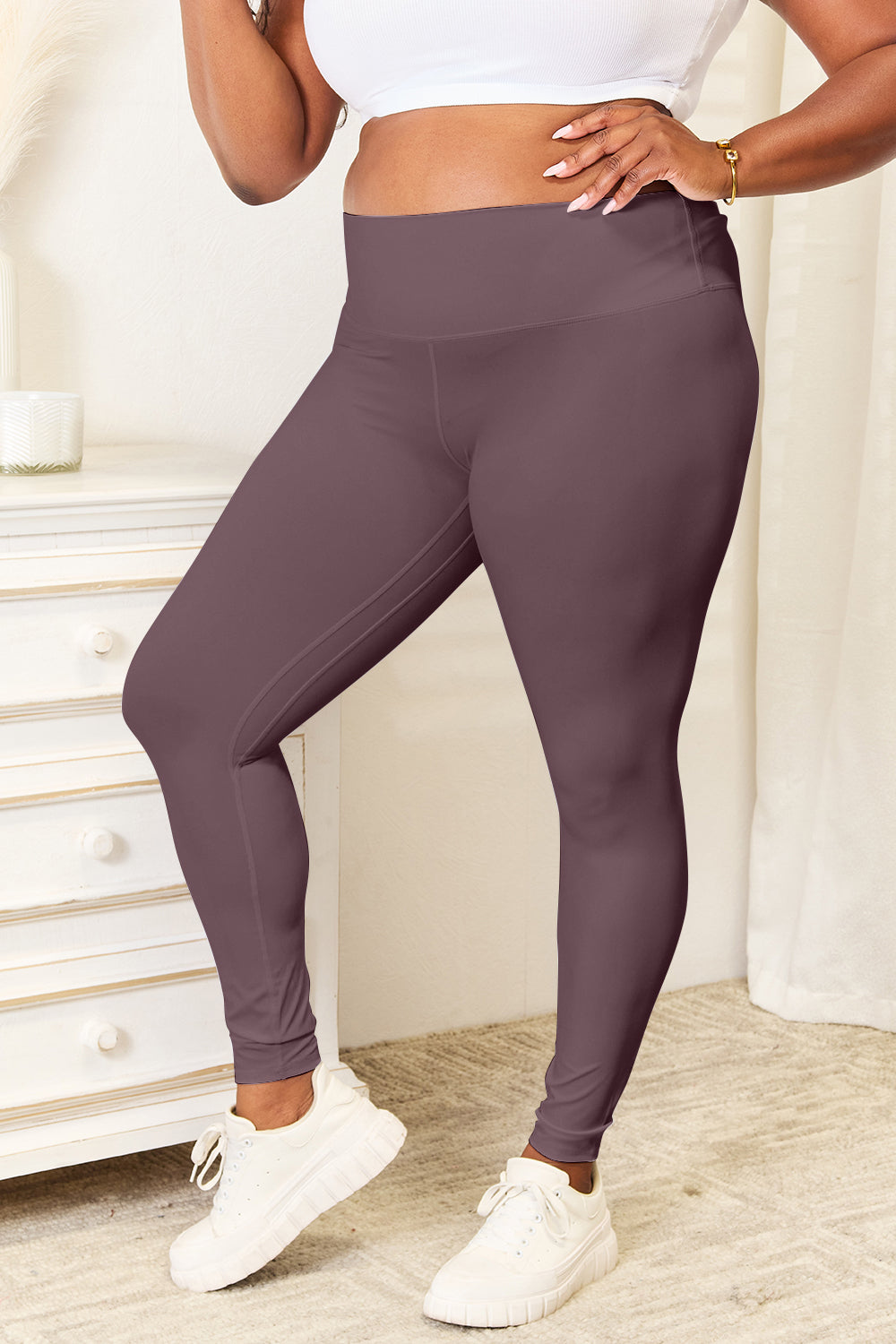 Double Take Wide Waistband Sports Leggings Plus Size Side View Charcoal