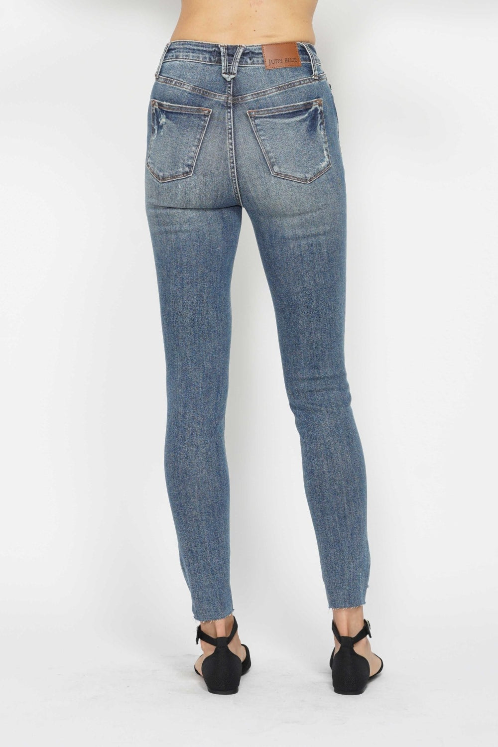 Judy Blue Full Size Tummy Control Vintage Wash Hem Destroy Skinny Jeans Back View