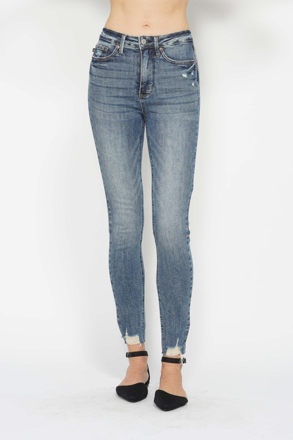 Judy Blue Full Size Tummy Control Vintage Wash Hem Destroy Skinny Jeans Front View