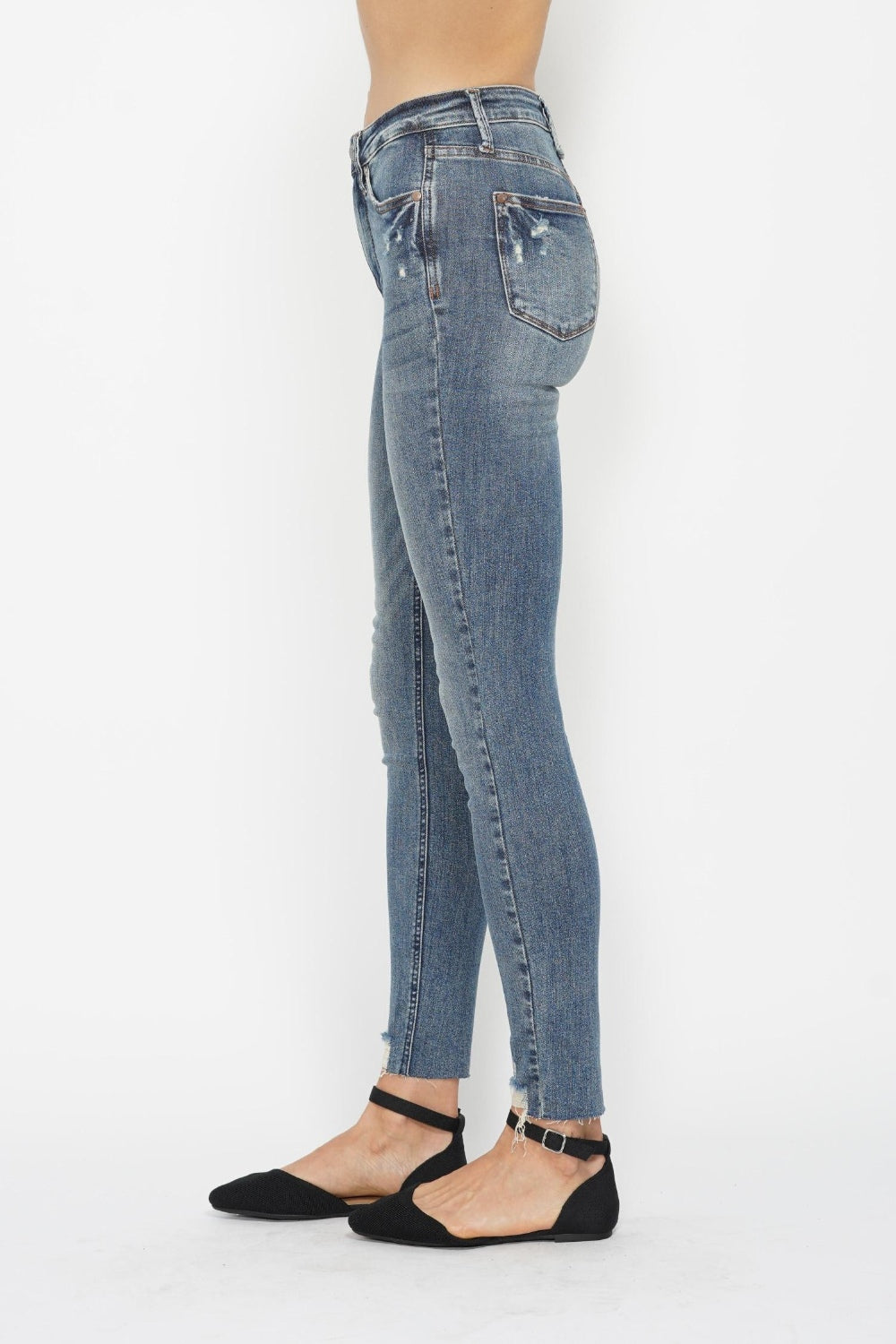 Judy Blue Full Size Tummy Control Vintage Wash Hem Destroy Skinny Jeans Side View