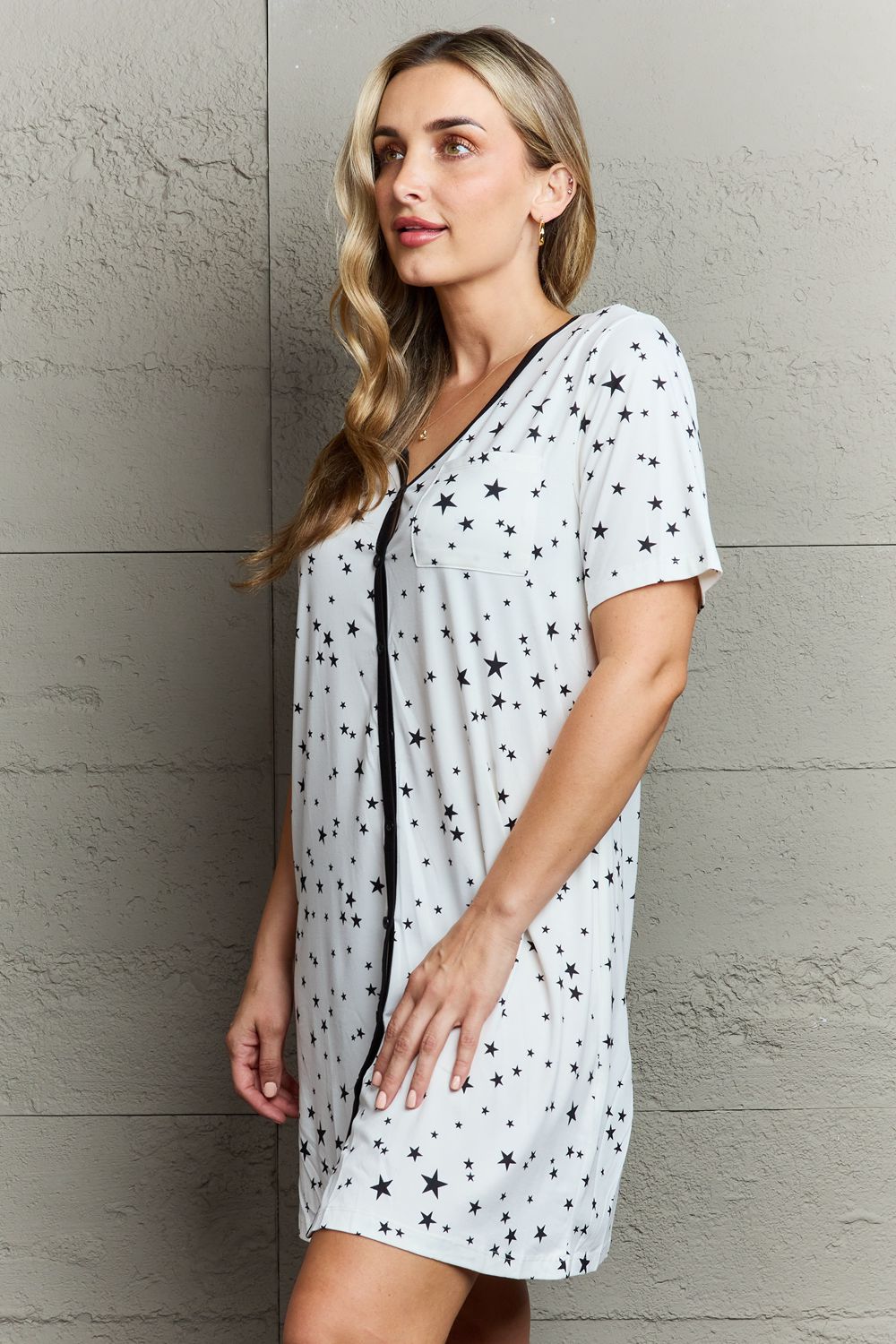 MOON NITE Quilted Quivers Button Down Sleepwear Dress Side View White