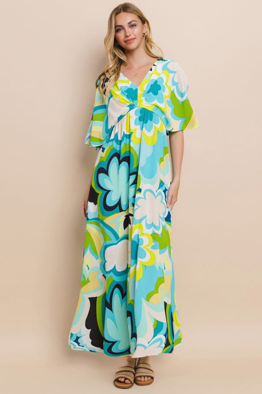 ODDI Floral Printed Slit Maxi Dress Front View
