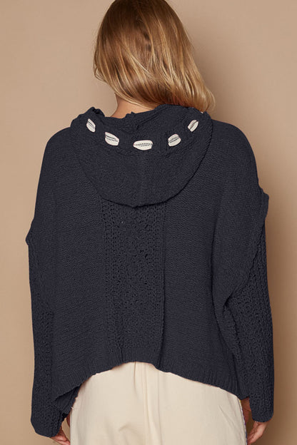 POL Cable Knit Hooded Chenille Sweater Back View Ghost Grey
