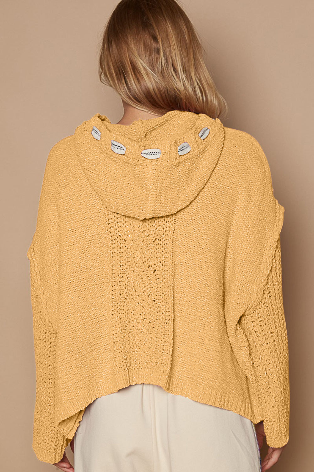 POL Cable Knit Hooded Chenille Sweater Back View Honey Gold