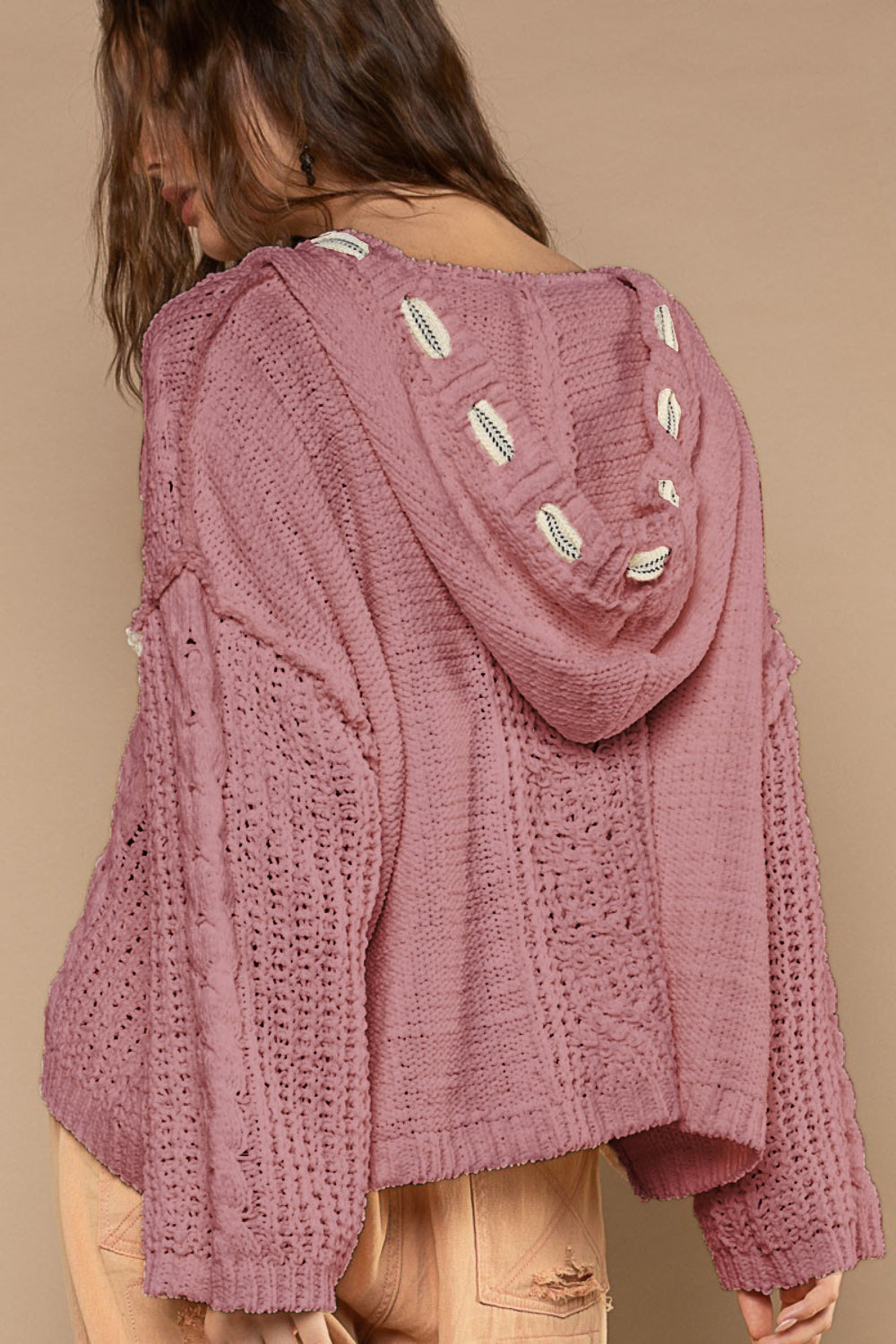 POL Cable Knit Hooded Chenille Sweater Back View Red Bean Paste