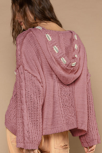 POL Cable Knit Hooded Chenille Sweater Back View Red Bean Paste