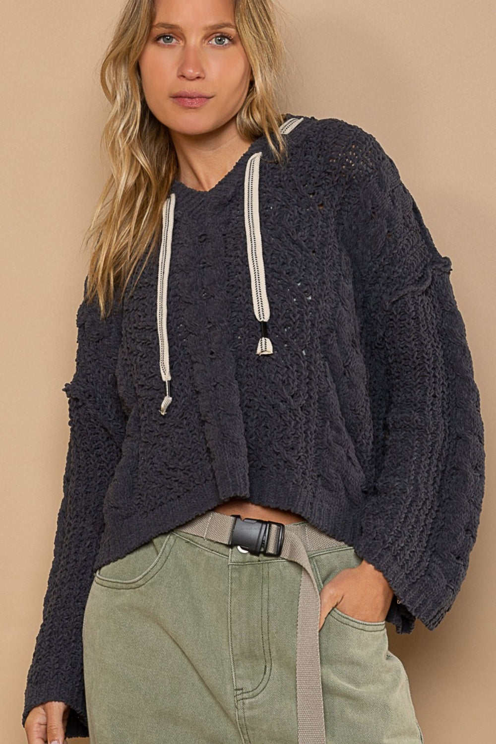 POL Cable Knit Hooded Chenille Sweater Front View Ghost Grey