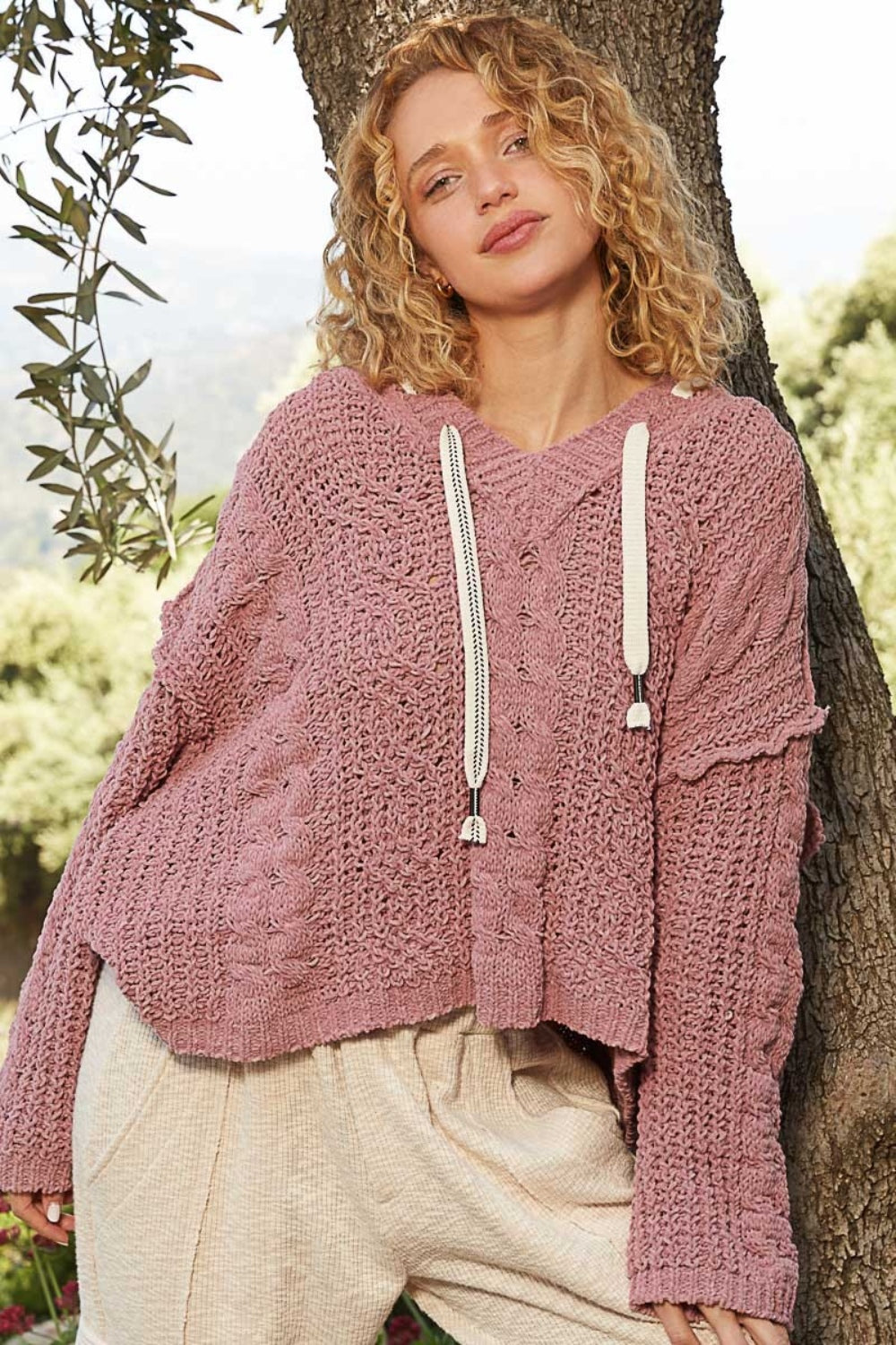 POL Cable Knit Hooded Chenille Sweater Front View Red Bean Paste