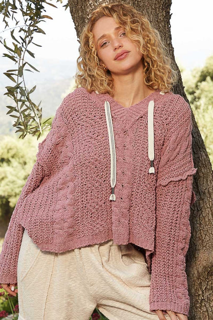 POL Cable Knit Hooded Chenille Sweater Front View Red Bean Paste