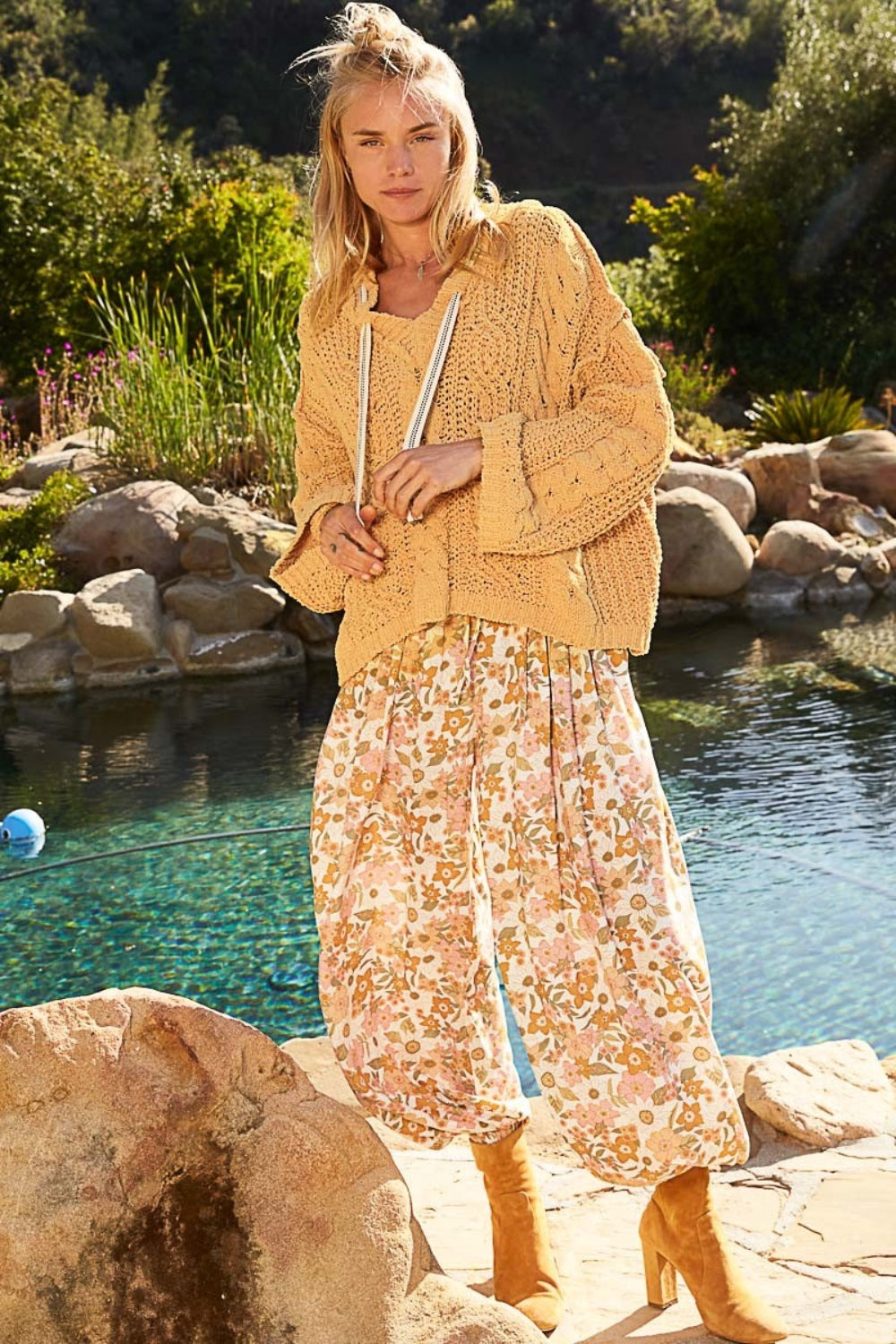 POL Cable Knit Hooded Chenille Sweater Full Frontal View Honey Gold