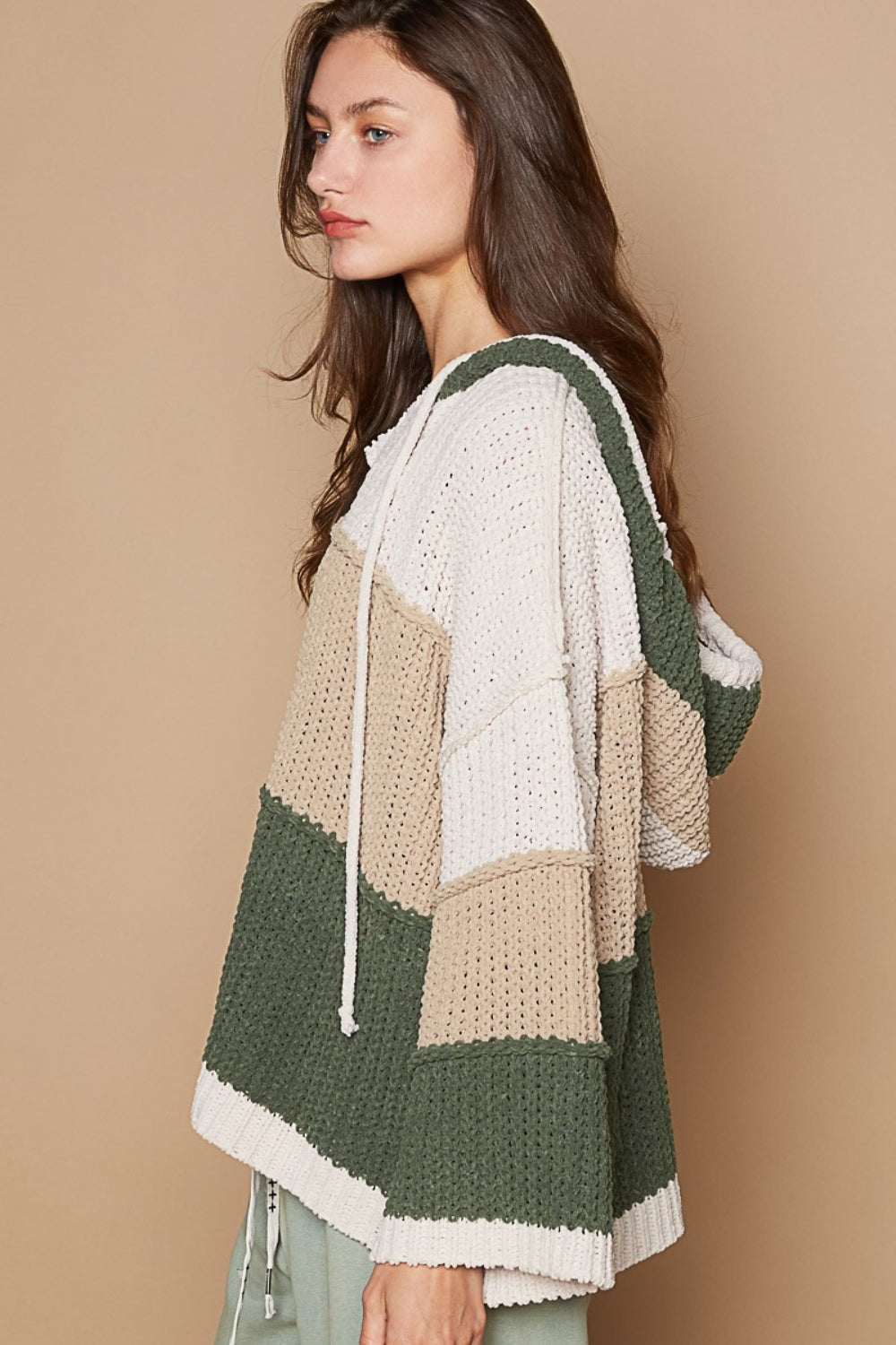 POL Color Block Long Sleeve Hooded Sweater Side View Almond Green Multi