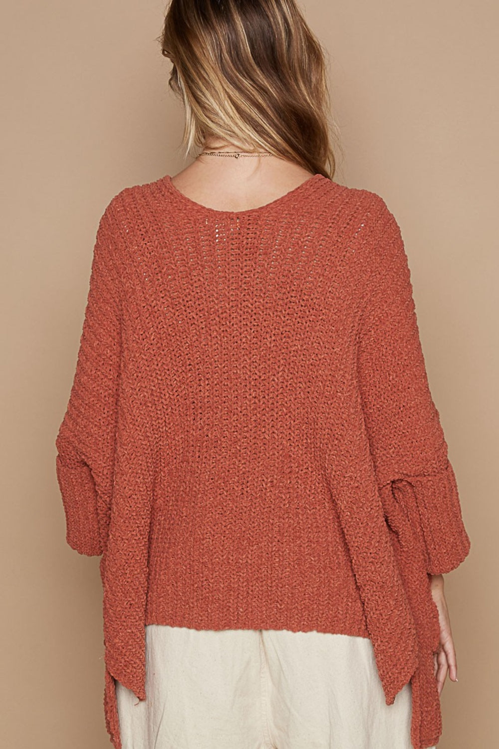 POL Open Front Sweater Cardigan with Pockets Back View Brick