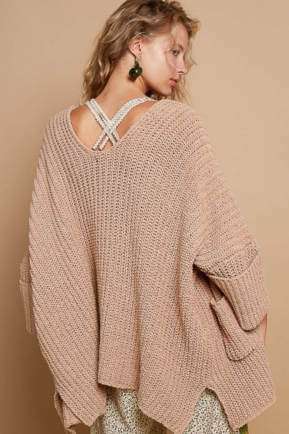 POL Open Front Sweater Cardigan with Pockets Back View Powder Cocoa