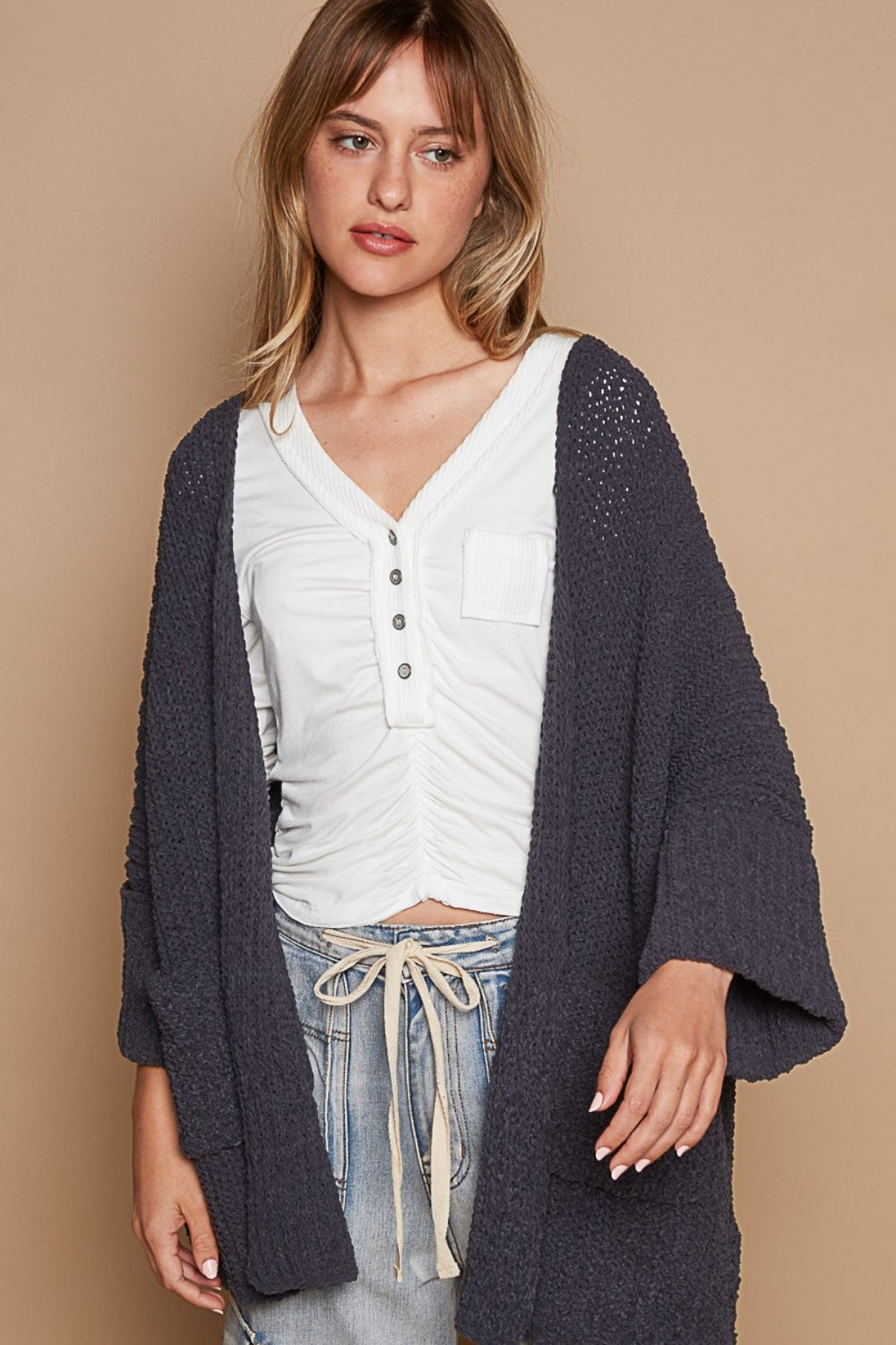POL Open Front Sweater Cardigan with Pockets Front View Ink Charcoal