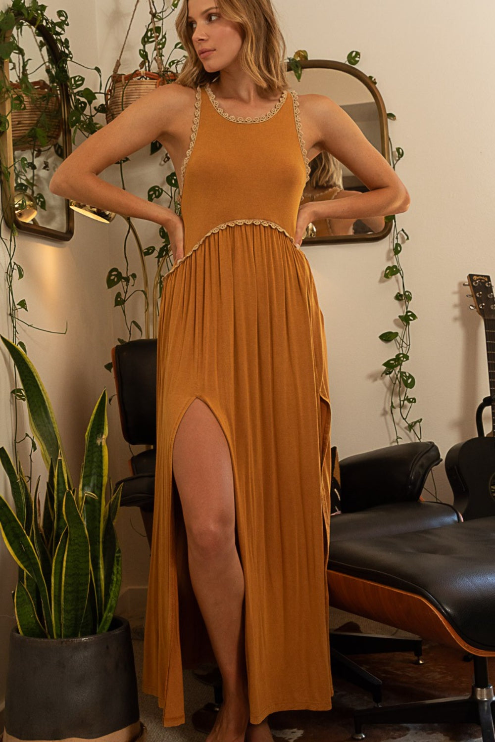 POL Sleeveless Back Zipper Front Slit Maxi Dress Alternate Front View Toffee