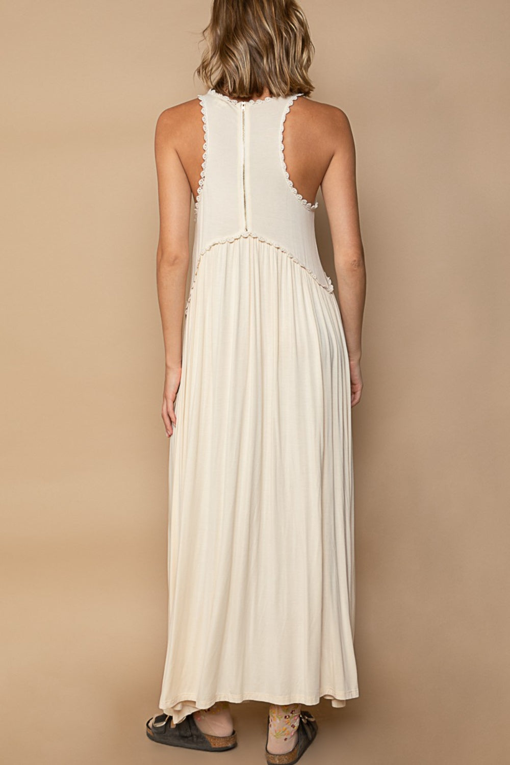 POL Sleeveless Back Zipper Front Slit Maxi Dress Back View Cream