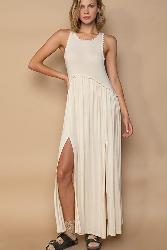 POL Sleeveless Back Zipper Front Slit Maxi Dress Front View Cream