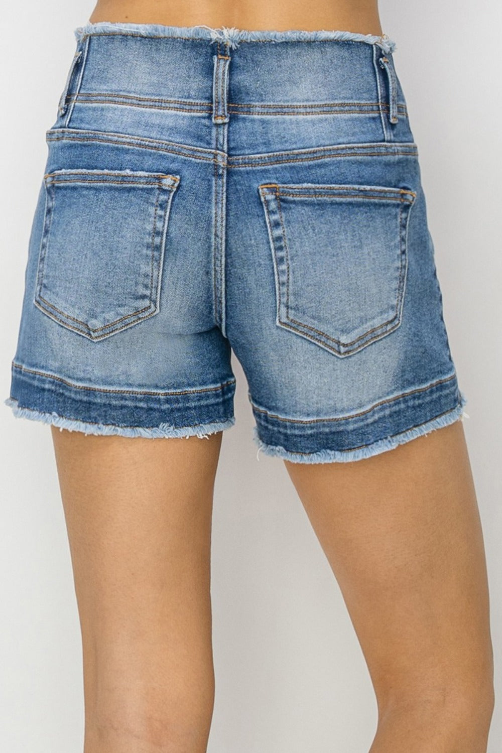 RISEN High Rise Seam Detailed Raw Edge Denim Shorts Back View