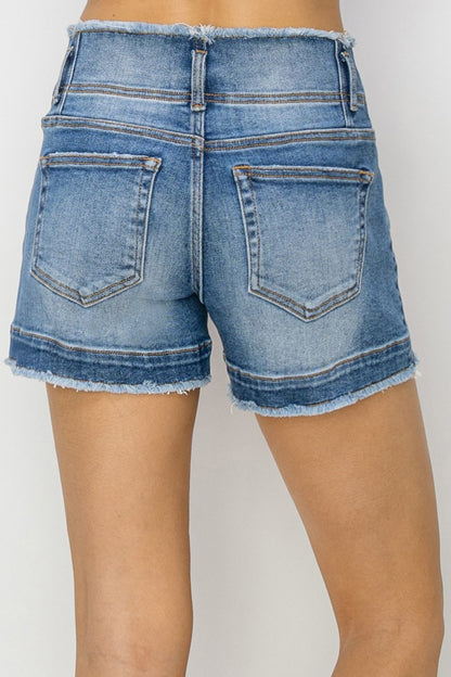 RISEN High Rise Seam Detailed Raw Edge Denim Shorts Back View