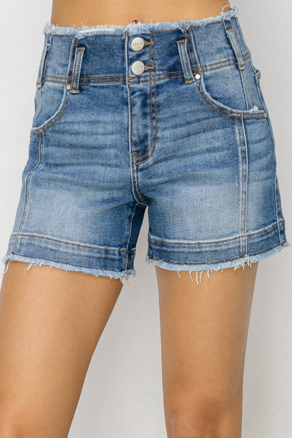 RISEN High Rise Seam Detailed Raw Edge Denim Shorts Front View