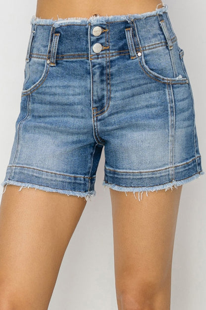 RISEN High Rise Seam Detailed Raw Edge Denim Shorts Front View