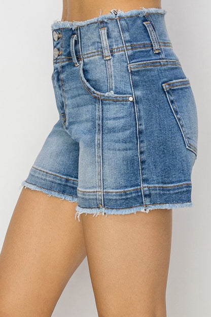 RISEN High Rise Seam Detailed Raw Edge Denim Shorts Side View