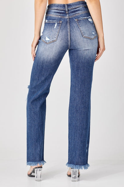 Risen Full Size Raw Hem Distressed Straight Jeans Back View