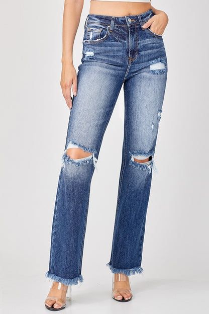 Risen Full Size Raw Hem Distressed Straight Jeans Front View