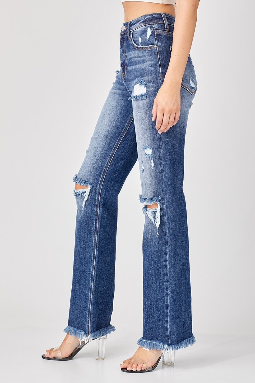 Risen Full Size Raw Hem Distressed Straight Jeans Side View