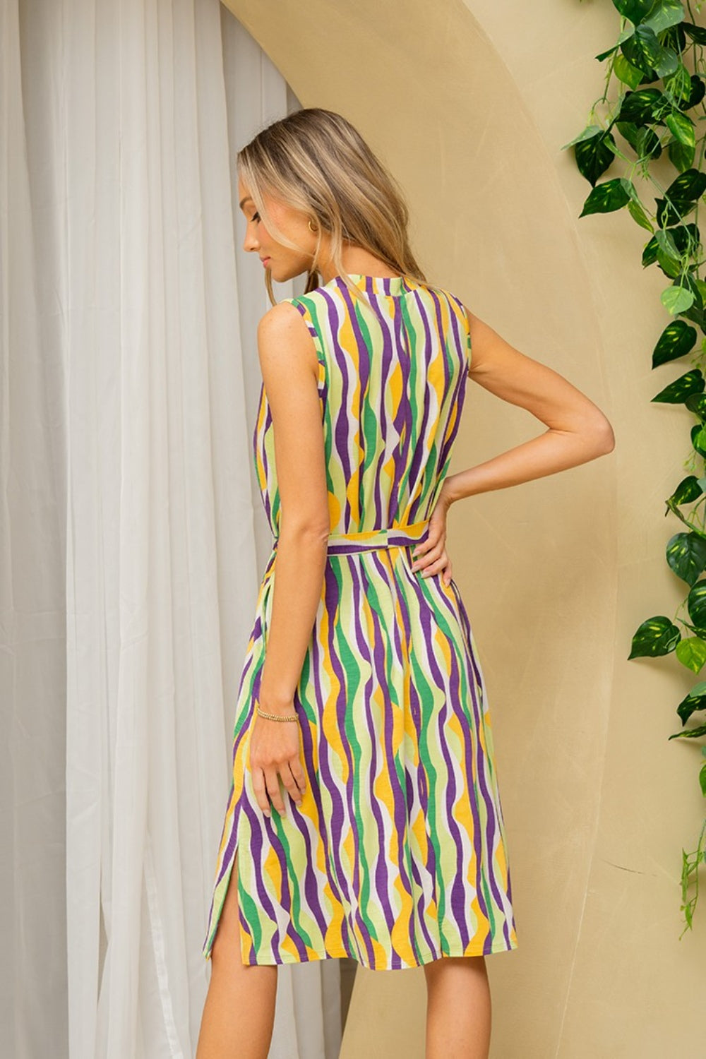 Sew In Love Full Size Stripe Tied Sleeveless Dress with Side Pockets Back View